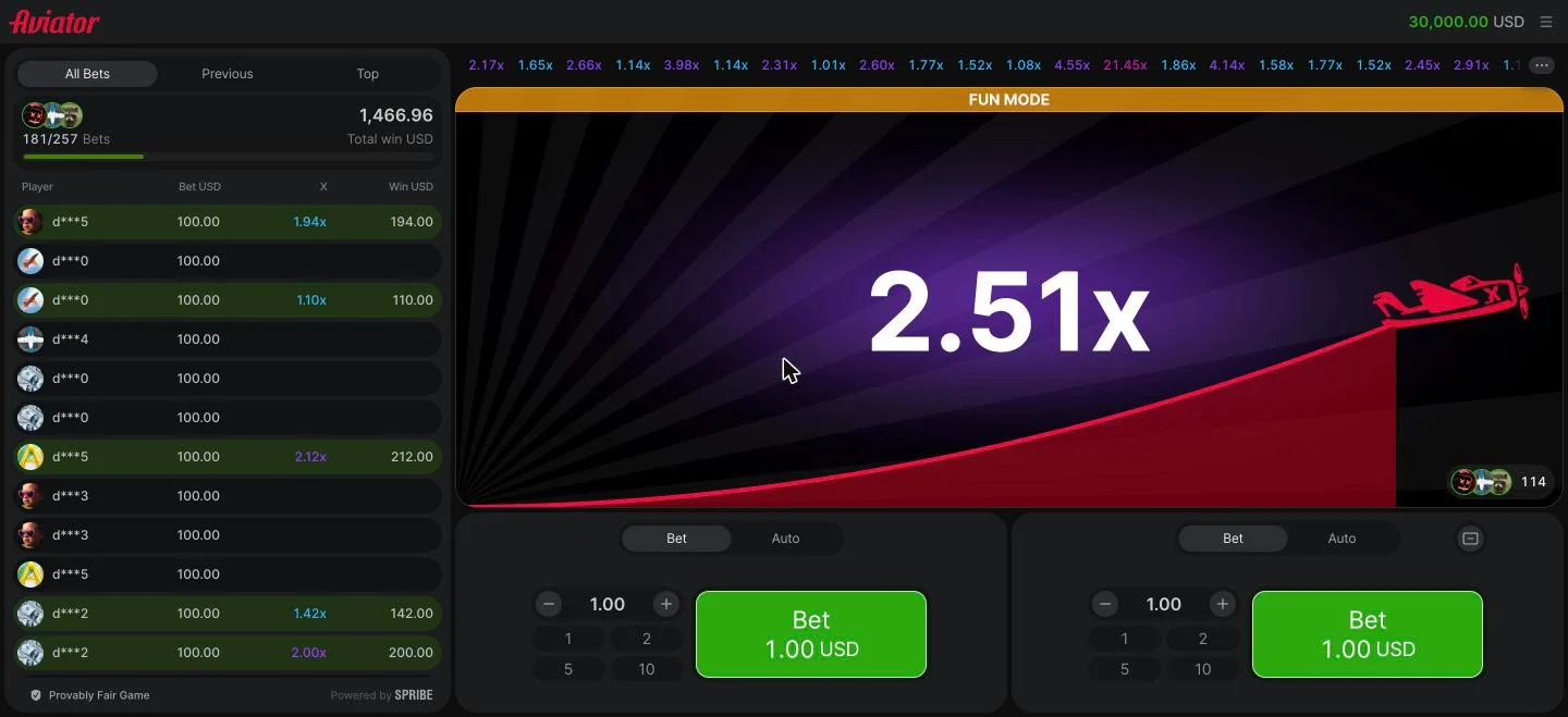 Aviator round in progress at 2.14x with the live bets panel