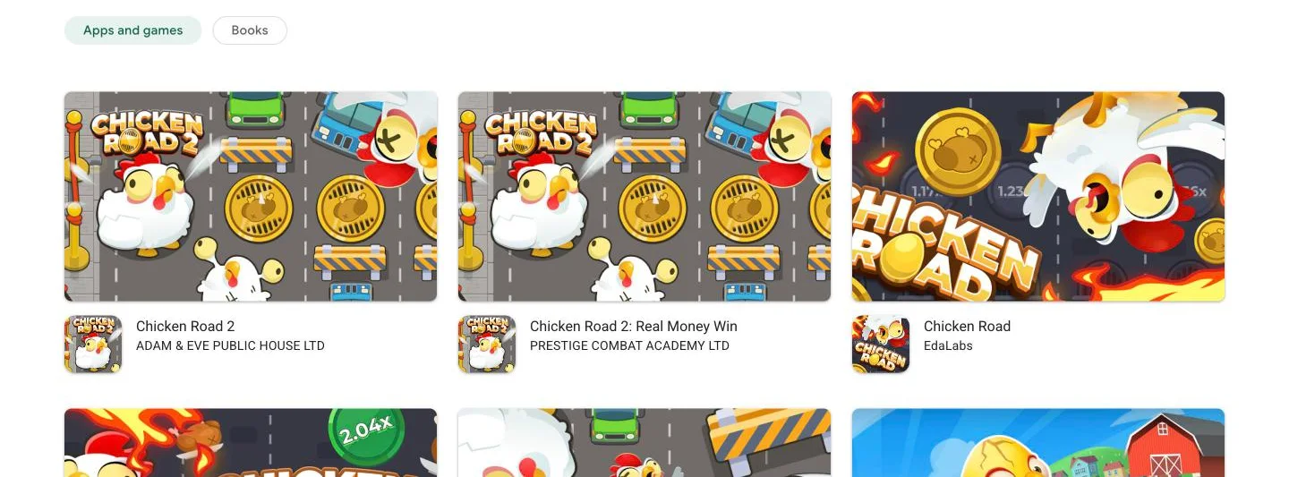 Google Play search results for chicken road game: lookalike apps from unrelated developers, none by InOut Games