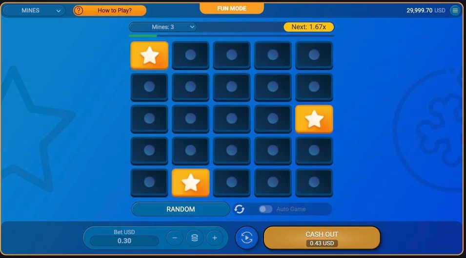 Spribe Mines 5x5 grid with three gems revealed and the cash-out button showing 1.45x