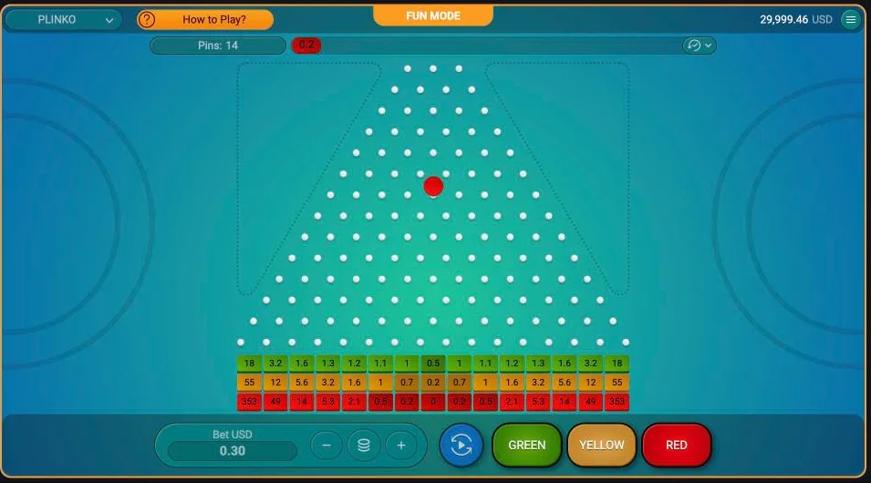 Spribe Plinko demo at 14 pins, a ball mid-drop, with the green, yellow and red bucket rows (353x at the edges on red)