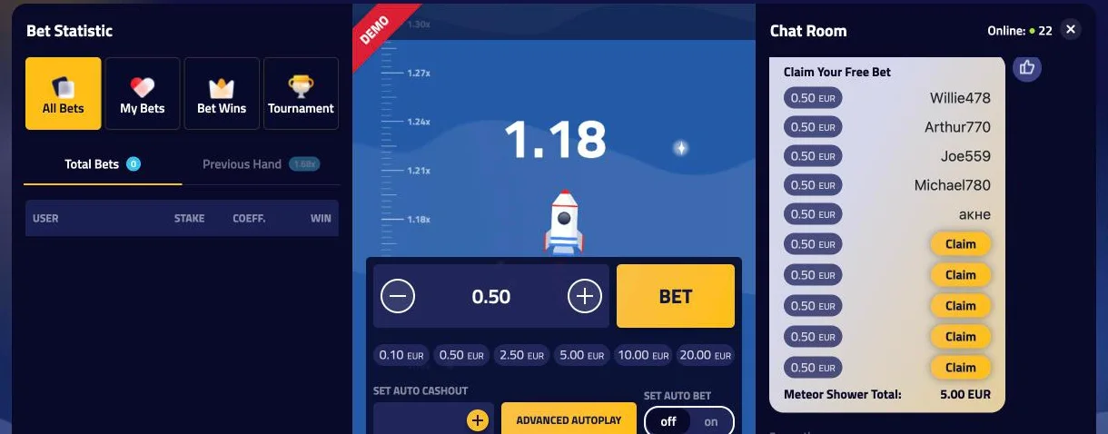 Rocketman crash game with the rocket climbing at 2.2x and the jackpot ticker at the top
