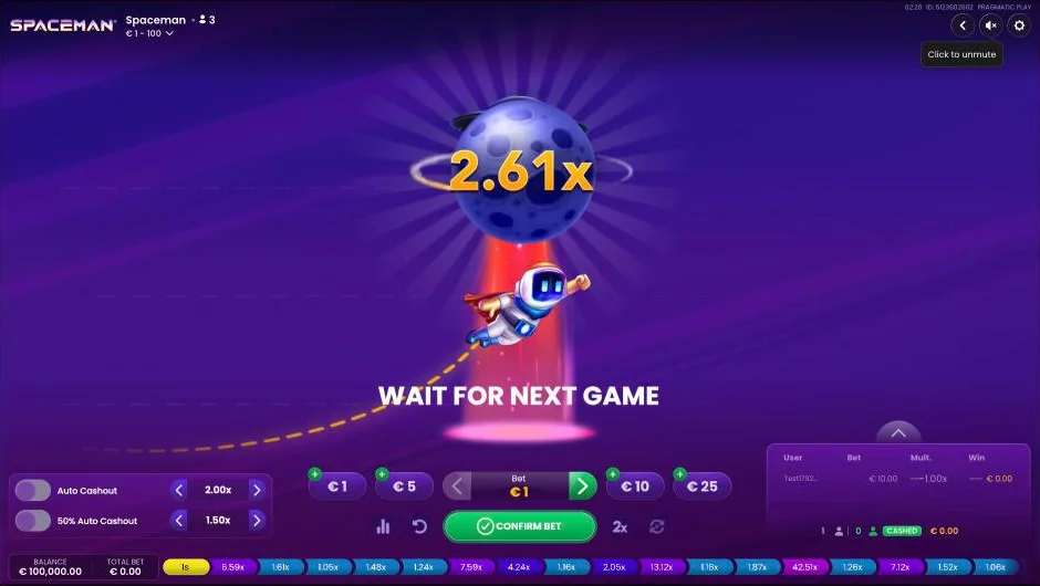 Spaceman round at 2.7x with the astronaut rising and the 50% cash-out button visible