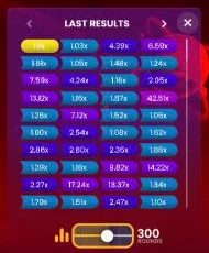 Spaceman last-results panel listing the most recent crash multipliers