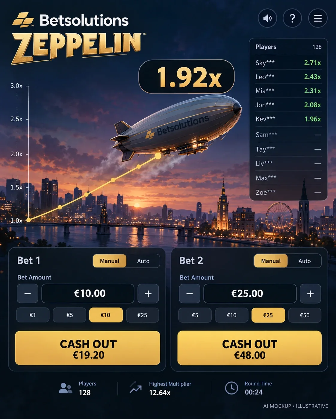 Zeppelin crash game with the airship climbing and the multiplier at 1.9x