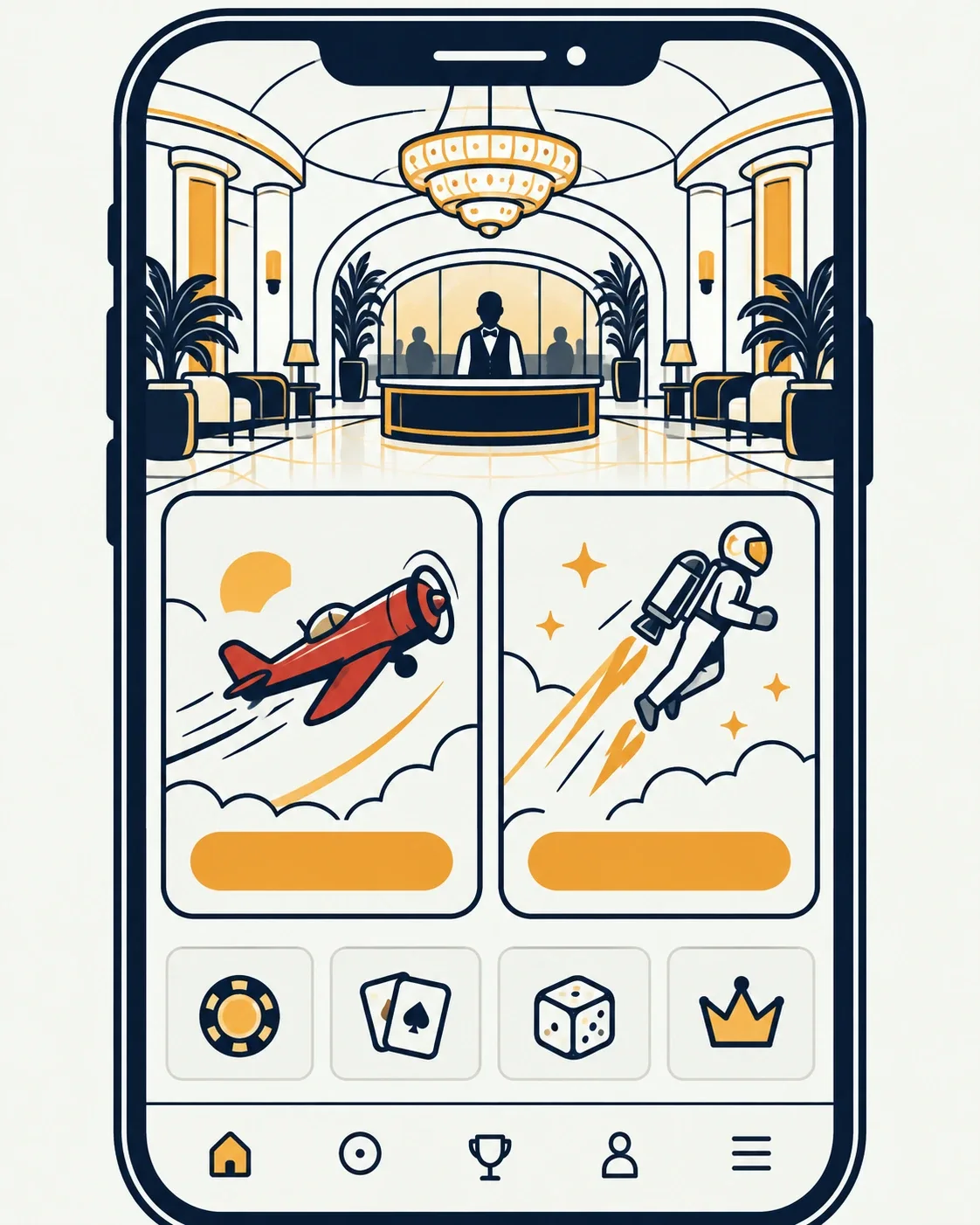Casino lobby illustration showing Aviator and Lucky Jet tiles side by side