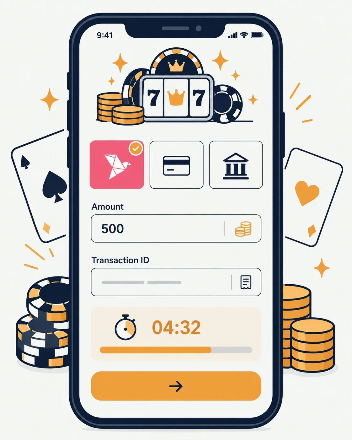 Casino cashier page showing the bKash deposit form with amount and transaction ID fields