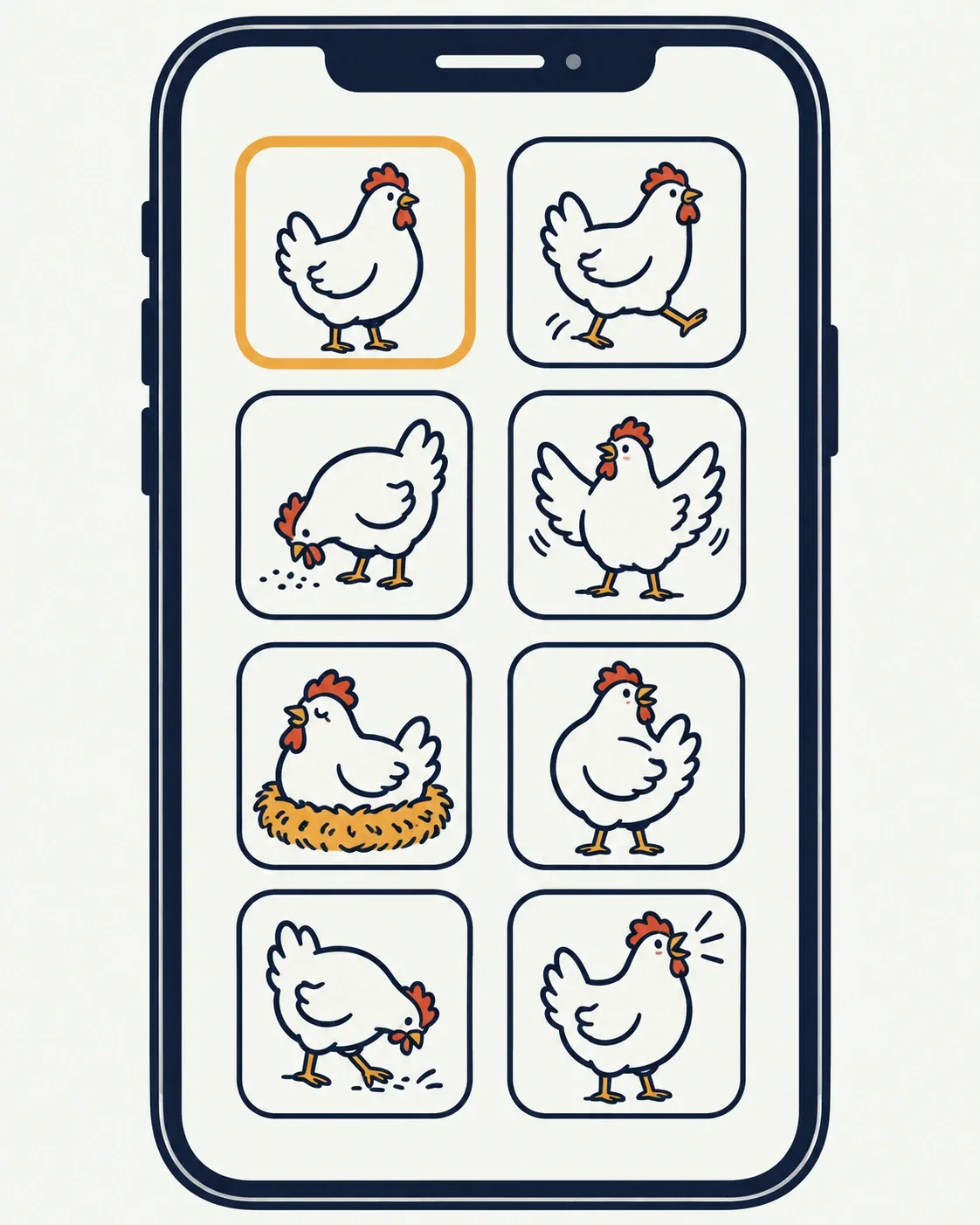 Illustration of several near-identical chicken game app icons on a phone screen