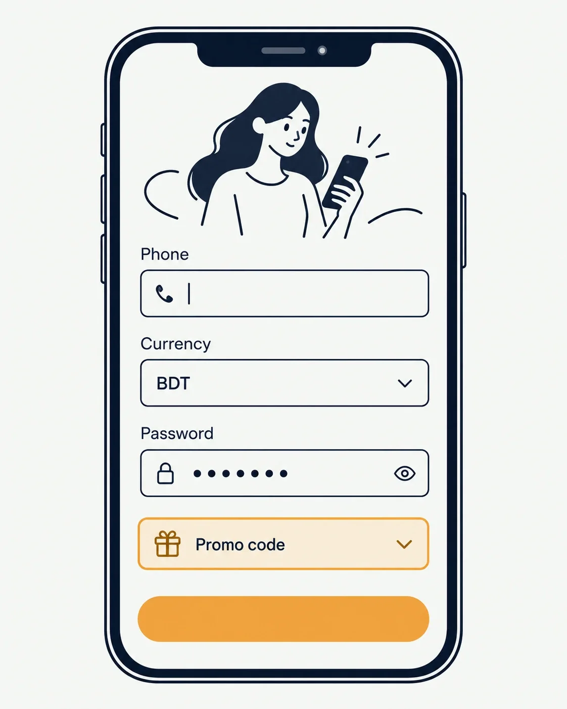 Illustration of a registration form with phone number, currency and promo code fields