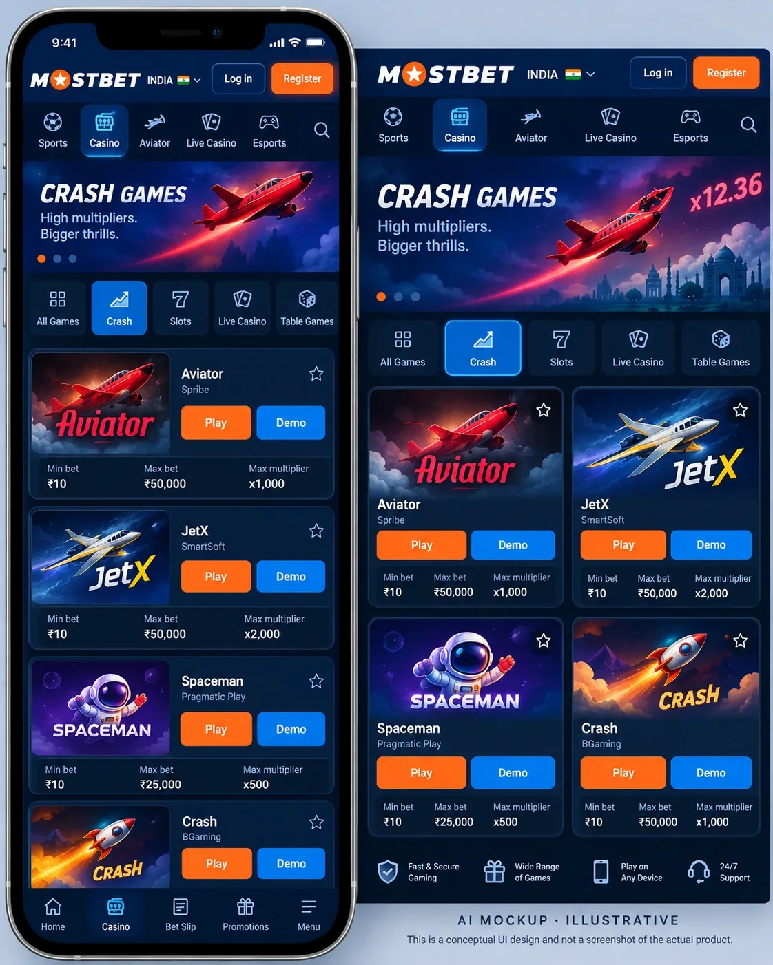 Mostbet casino lobby on mobile with the Crash category open and Aviator first