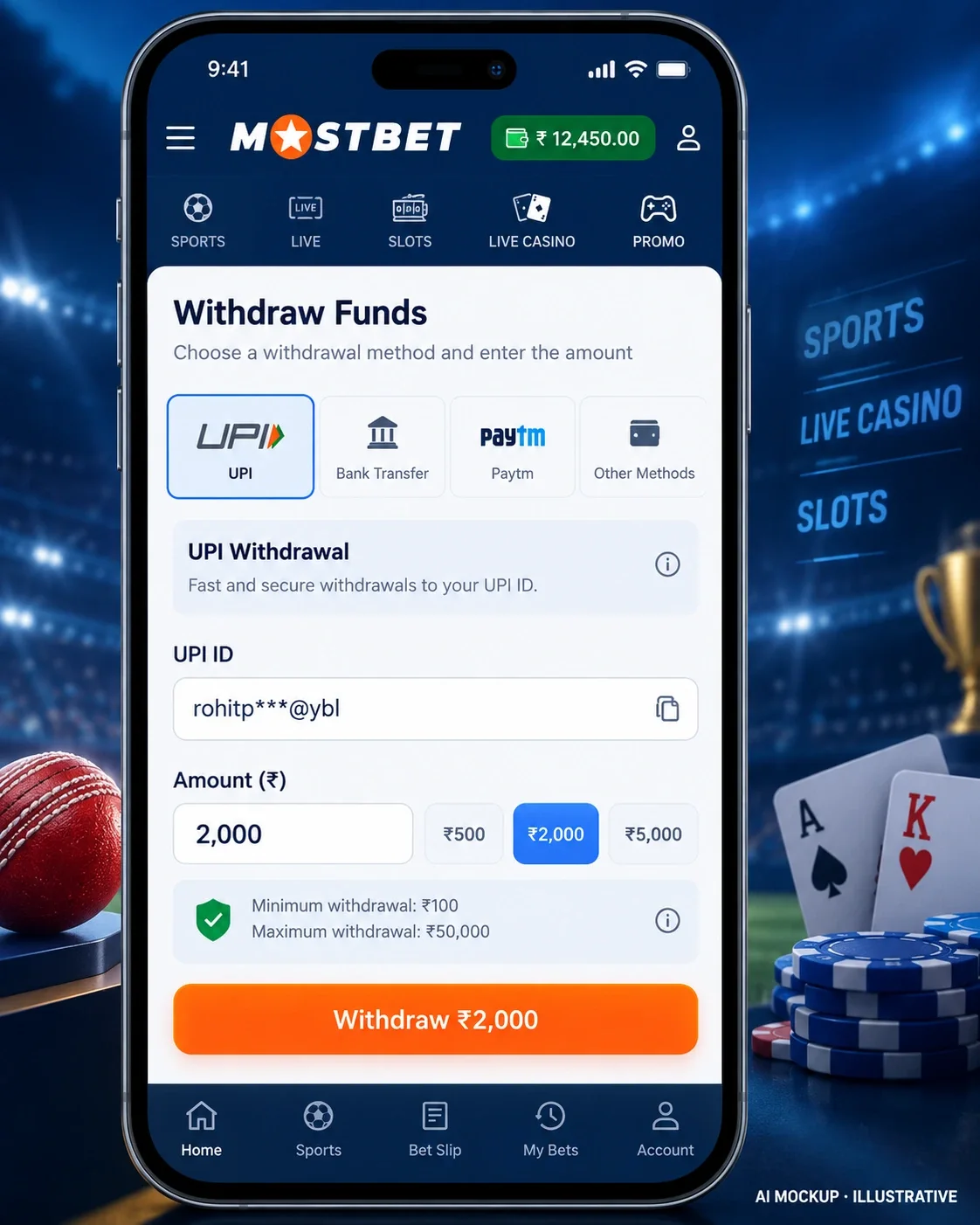 Mostbet withdrawal screen with UPI selected and a UPI ID entered