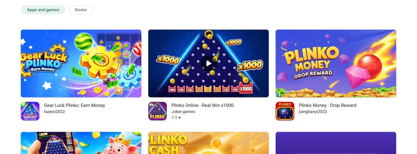 Google Play search results for plinko earn money in India, none of which is the casino game