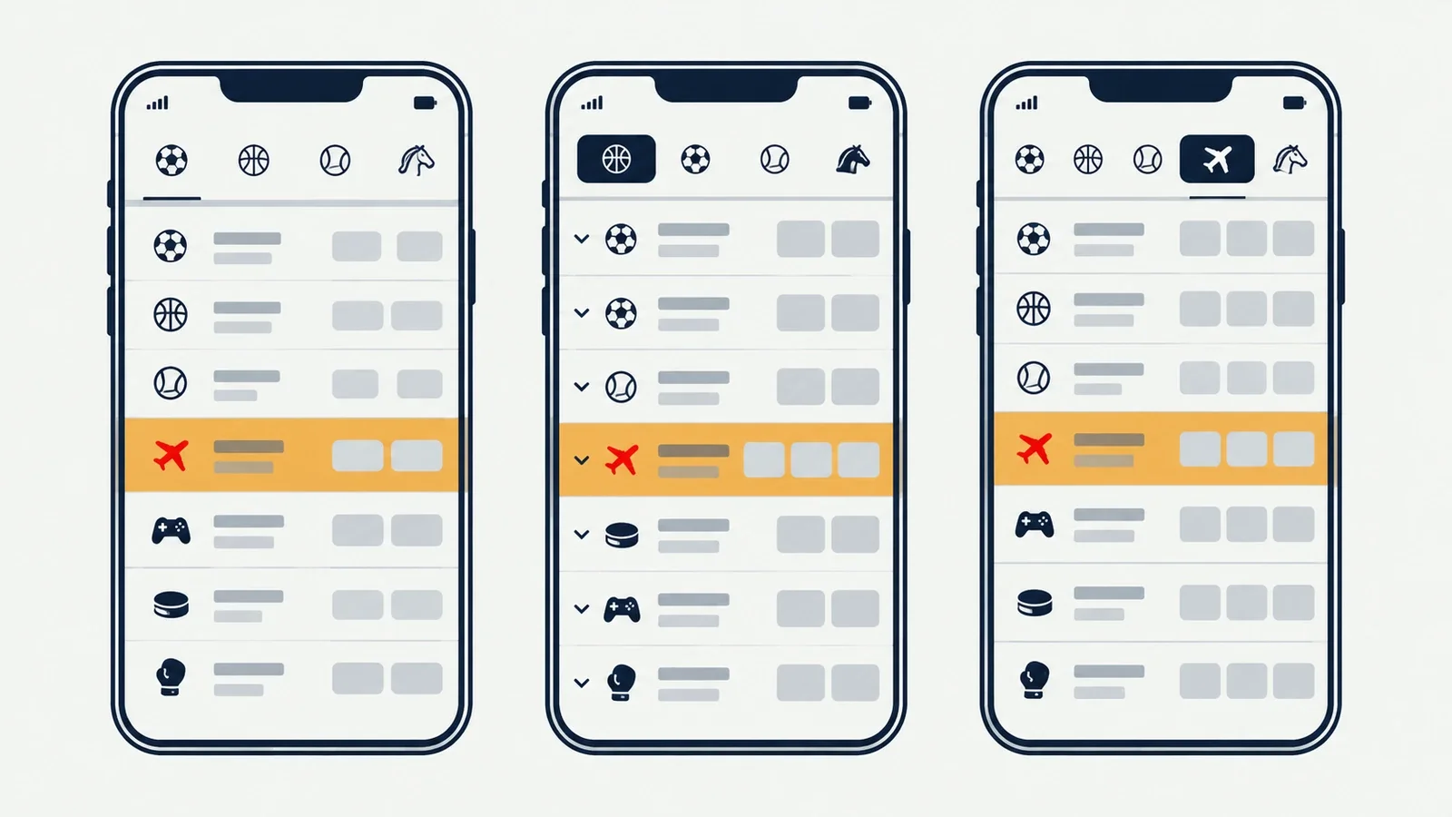 Three phones side by side showing where the Aviator link sits on Kenyan bookmaker menus