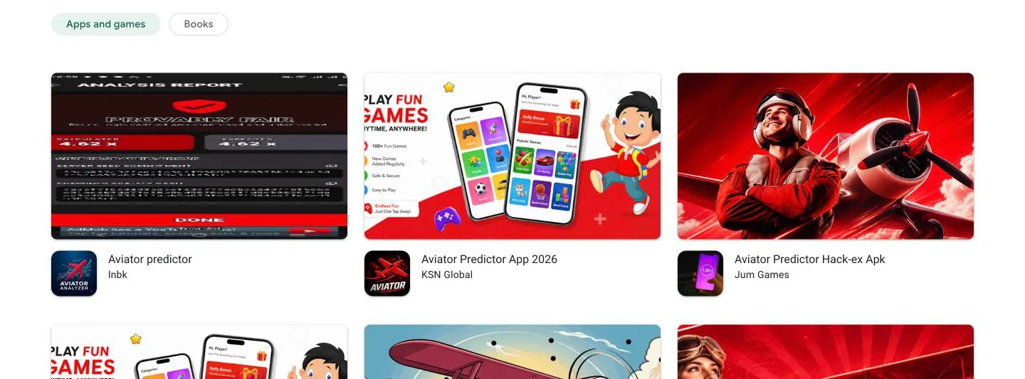 Google Play search results for aviator predictor showing the predictor apps sold to Kenyan players