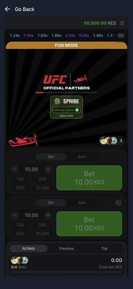 Betika Aviator game screen on a phone with the plane climbing past 2x