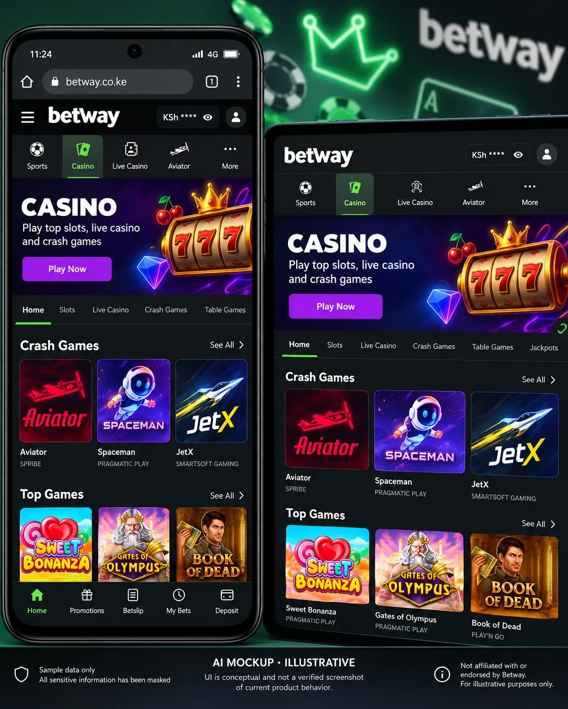 Betway Kenya casino lobby on a phone with the Aviator tile in the crash games row