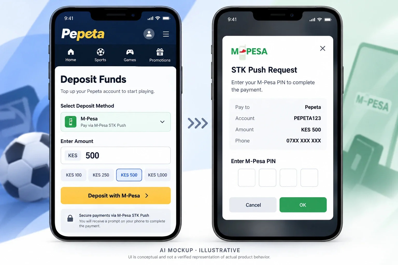 Pepeta deposit screen next to the M-Pesa STK prompt on the same phone