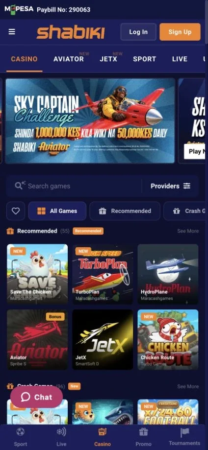 Shabiki casino menu on a phone with Aviator as the first game tile